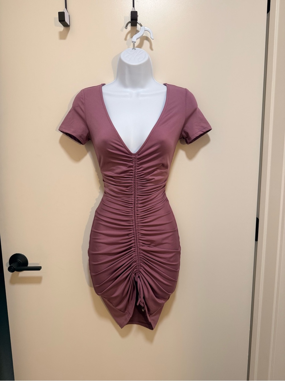 Fashion Nova Purple Ruched V-Neck Short Sleeve Mini Dress